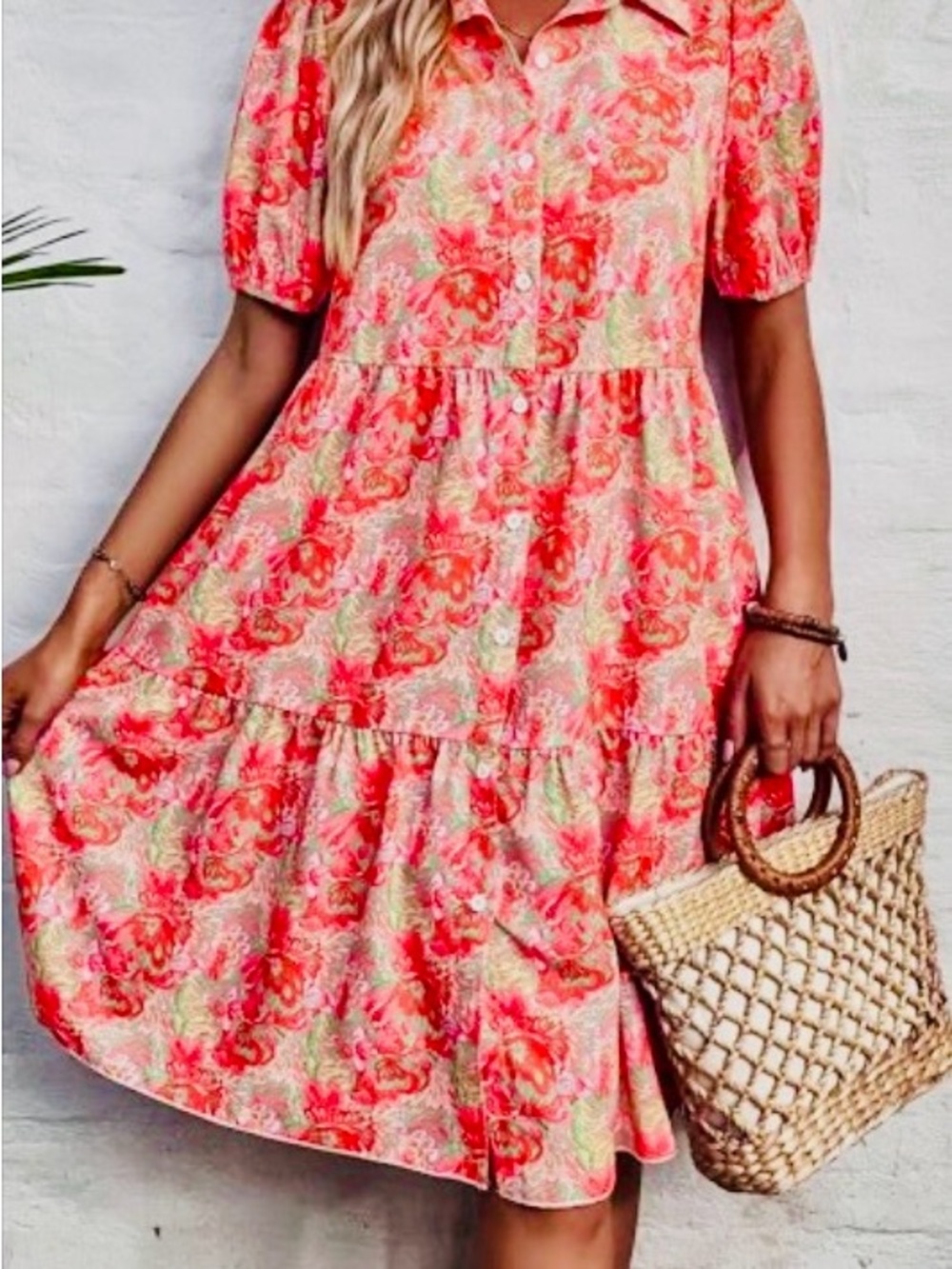 Red and Pink Floral Tiered Button-Front Midi Dress